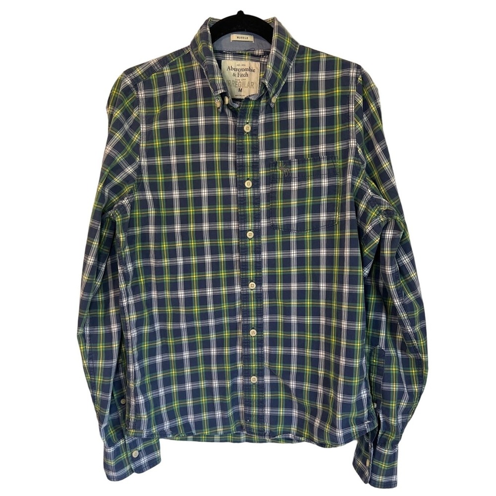 Abercrombie & Fitch‎ Button Up Mens M Blue Green Plaid Good Muscle Fit Irregular